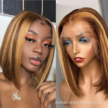Bob 100% Real Hair Wig Straight Hair Wig 16 Inch Lace Front Wig Hair Brown Mixed Blond Natural Brazil Remy Color Short Wholesale